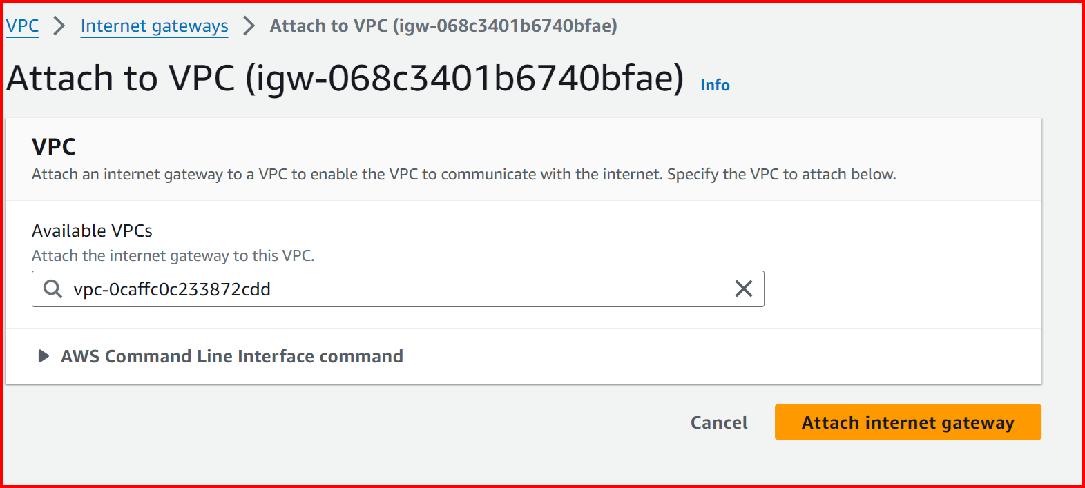 Picture showing selecting the VPN for attaching to the internet gateway